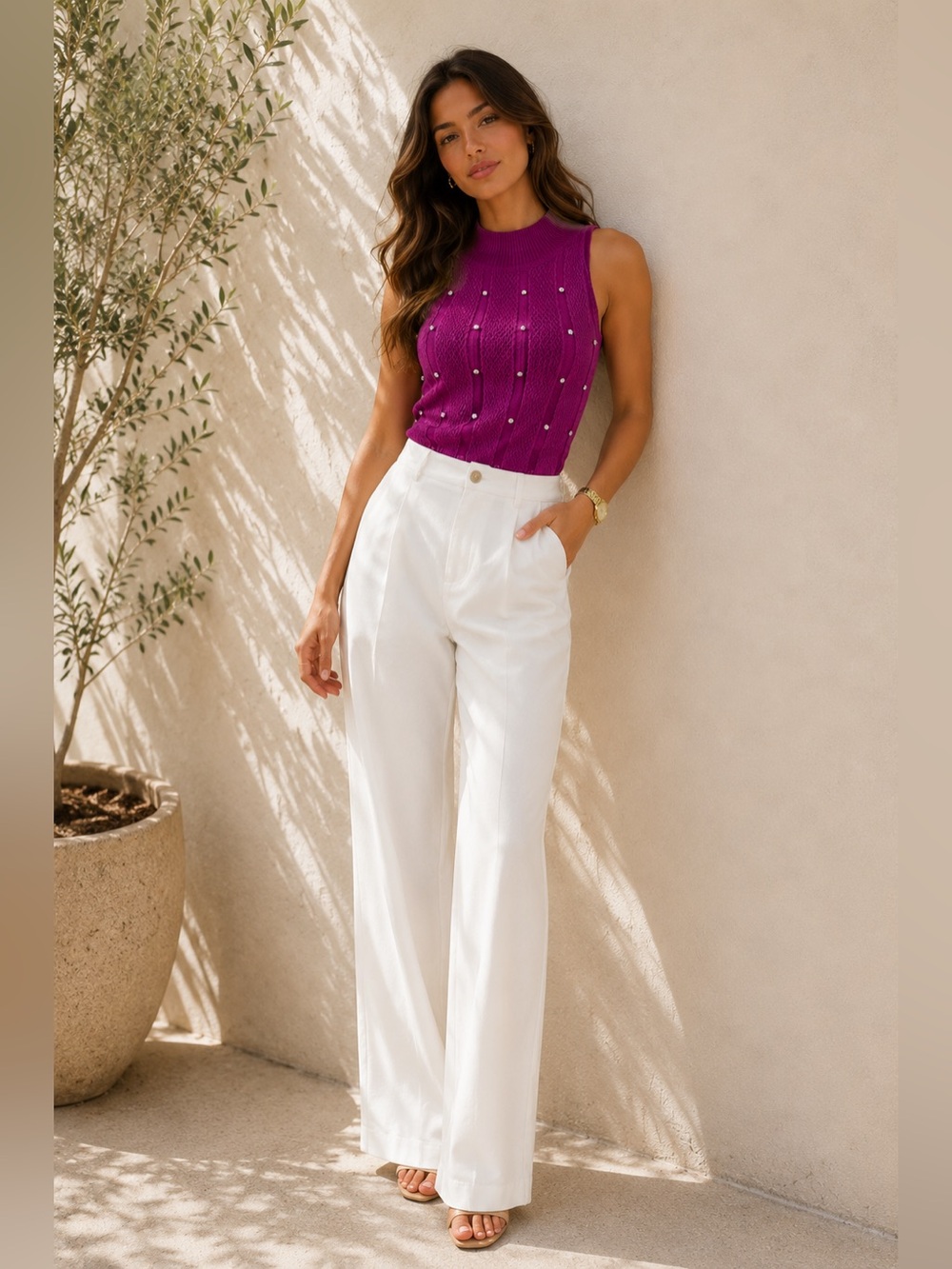 Sleeveless Mock Neck Knit Top with Stud Detail - Magenta
